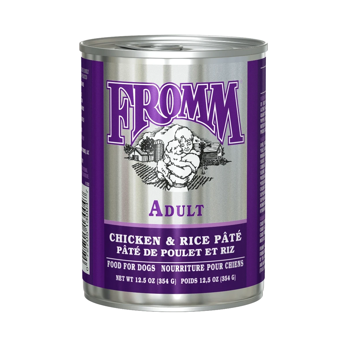 Dog Dish Fromm Classic Adult chicken and rice pate wet dog food in a 12.5oz silver and purple can.