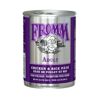 Dog Dish Fromm Classic Adult chicken and rice pate wet dog food in a 12.5oz silver and purple can.