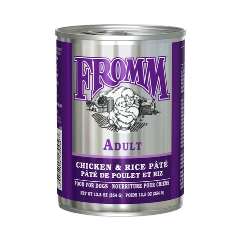 Dog Dish Fromm Classic Adult chicken and rice pate wet dog food in a 12.5oz silver and purple can.