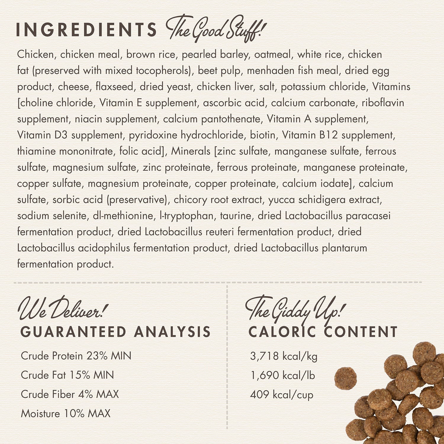 Dog Dish Fromm Classic Adult dog food ingredient list and guaranteed analysis label with kibble pieces