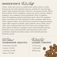 Dog Dish Fromm Classic Adult dog food ingredient list and guaranteed analysis label with kibble pieces