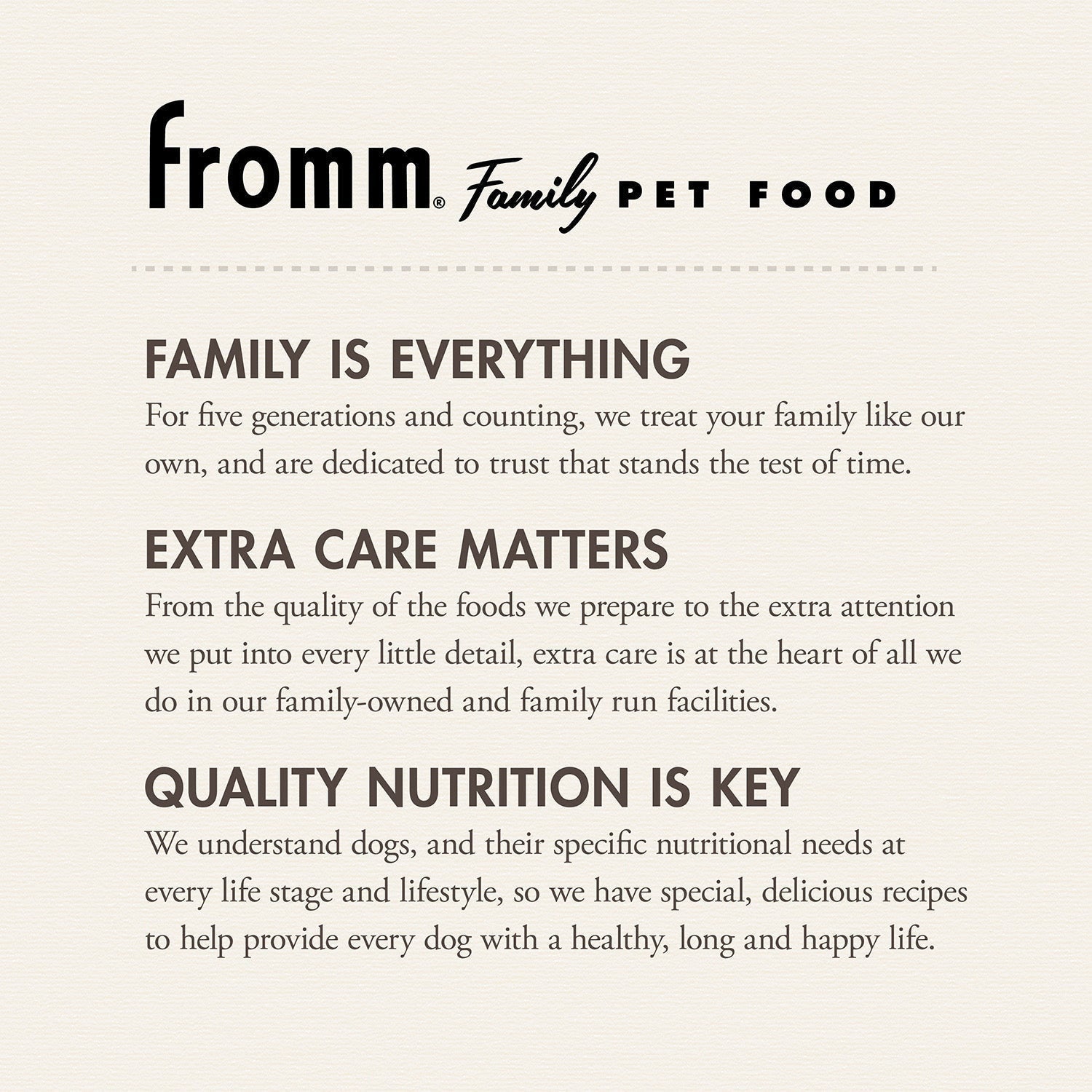 Dog Dish Fromm Classic pet food brand philosophy text highlighting family craftsmanship and quality nutrition