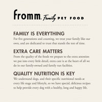 Dog Dish Fromm Classic pet food brand philosophy text highlighting family craftsmanship and quality nutrition
