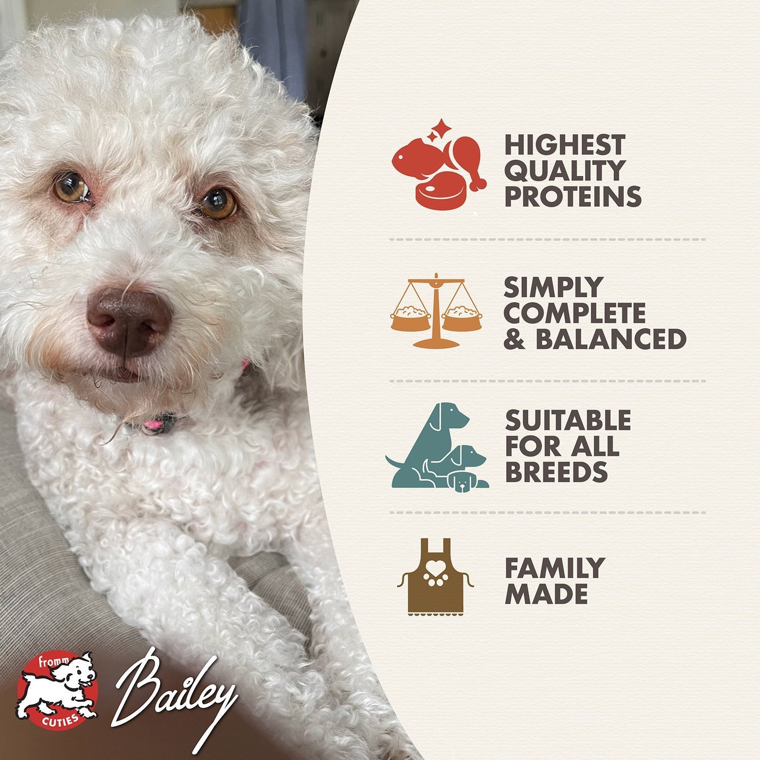 Dog Dish Fromm Classic adult dog food features a curly-haired dog next to nutritional benefit icons.