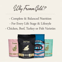 Dog Dish selection of Fromm Family Gold pet food bags including kitten, adult dog, and grain-free puppy formulas.