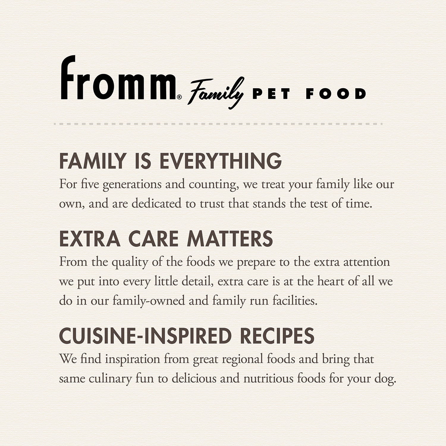 Dog Dish Fromm Family Pet Food brand information text detailing their commitment to quality and family values.