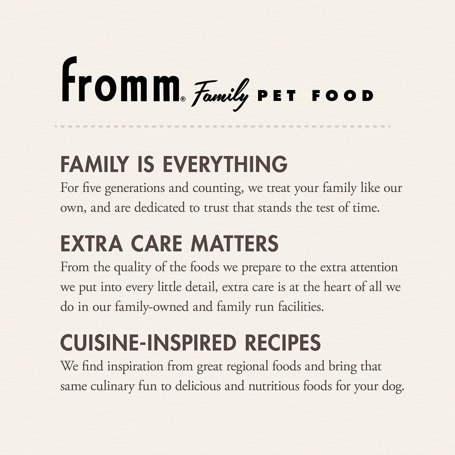 Dog Dish Fromm Family Pet Food brand information card highlighting their commitment to quality and family values.