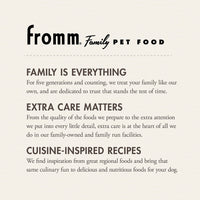 Dog Dish Fromm Family Pet Food brand information card highlighting their commitment to quality and family values.