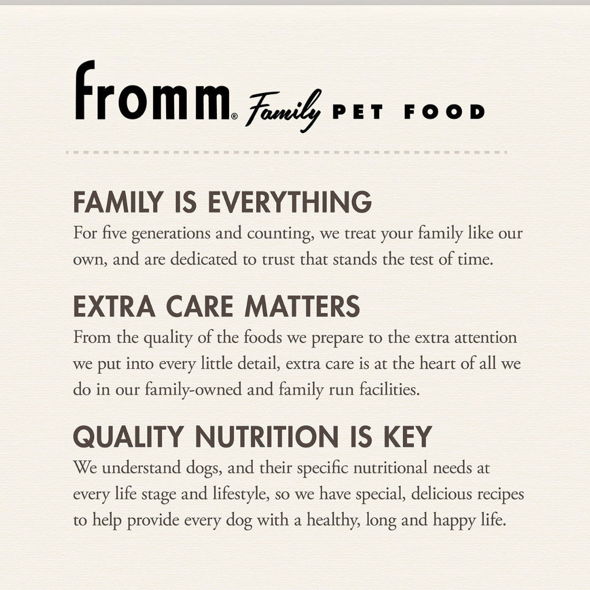 Dog Dish Fromm Family Pet Food brand philosophy text on a cream background highlighting quality and family values
