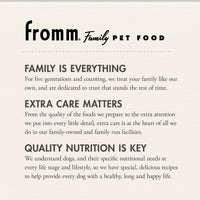Dog Dish Fromm Family Pet Food brand philosophy text on a cream background highlighting quality and family values