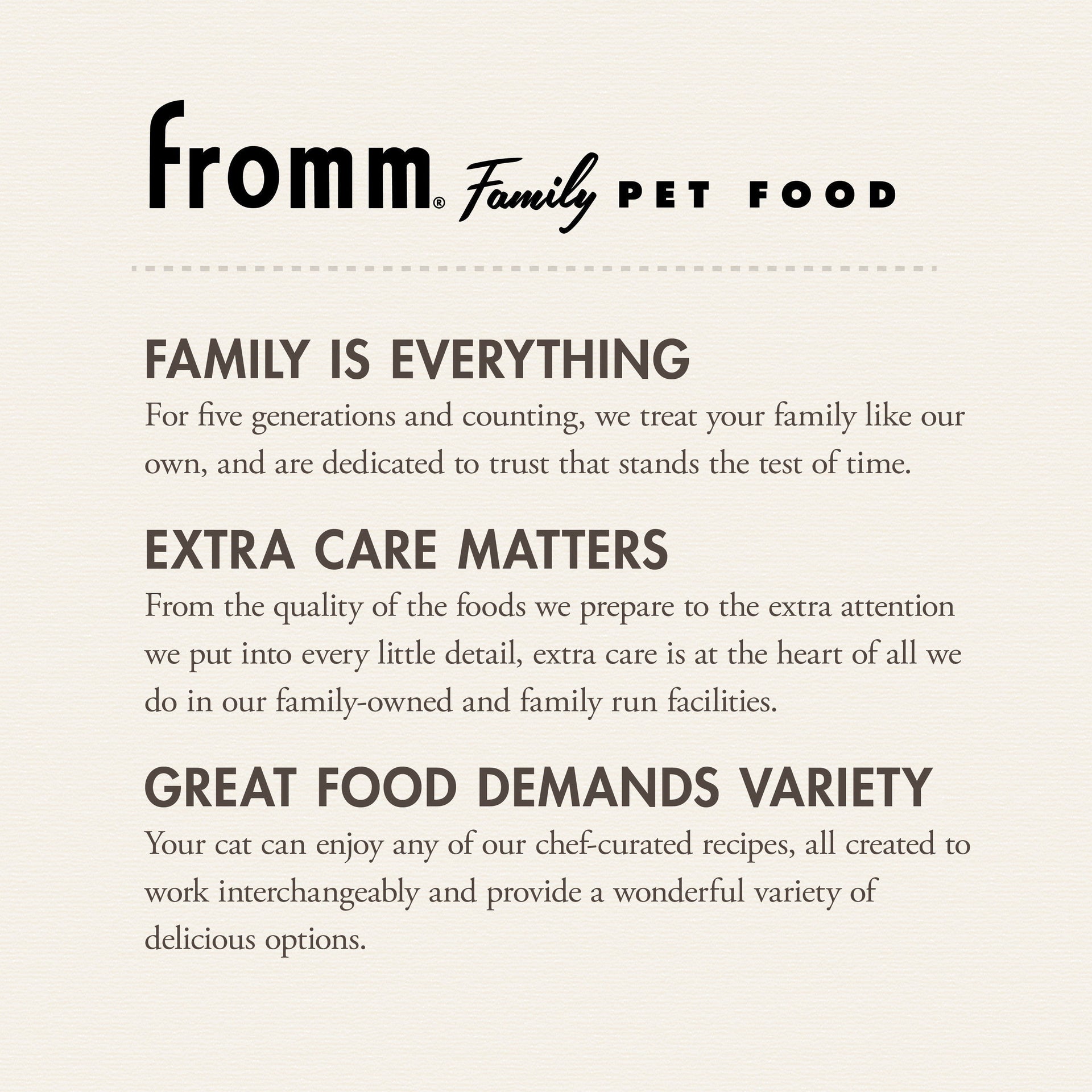Dog Dish Fromm Family Pet Food informational graphic highlighting brand values and commitment to quality nutrition
