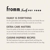 Dog Dish Fromm Family Pet Food brand mission statement and culinary philosophy text on a cream background