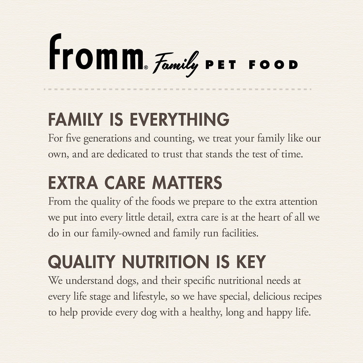 Dog Dish Fromm Family Pet Food brand mission statement text on a textured cream background