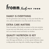 Dog Dish Fromm Family Pet Food brand mission statement text on a textured cream background