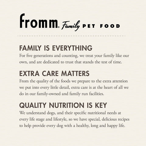 Dog Dish Fromm Family Pet Food brand mission statement on a textured cream background