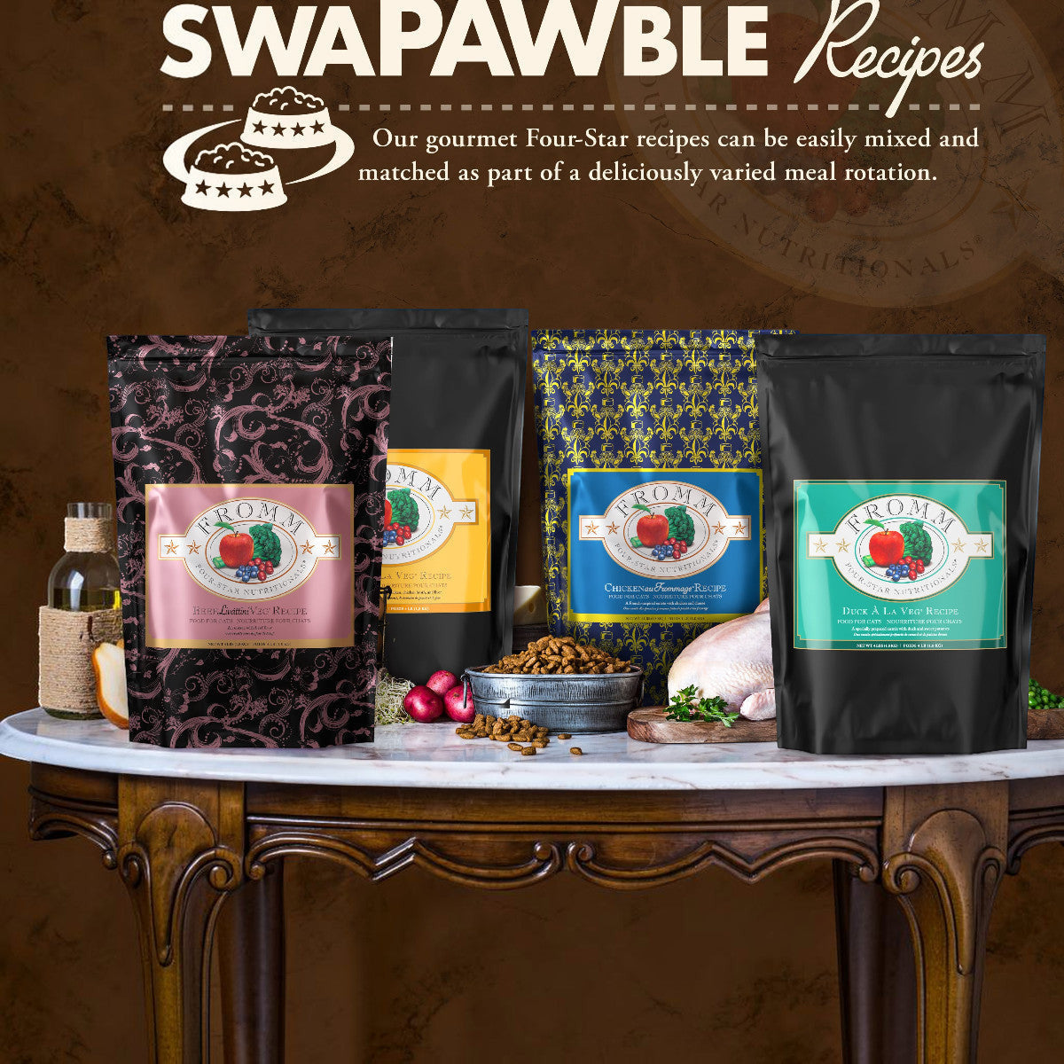 Dog Dish selection of Fromm Four-Star grain-free cat food bags featuring various gourmet recipe flavors on a table.