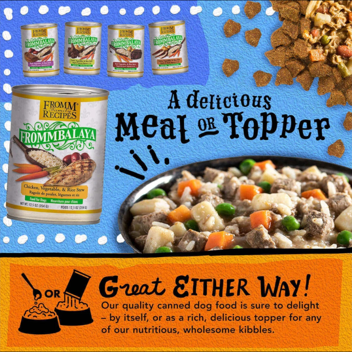 Dog Dish Fromm Family Recipes Frommbalaya chicken, vegetable, and rice wet dog food stew in a bowl and cans.