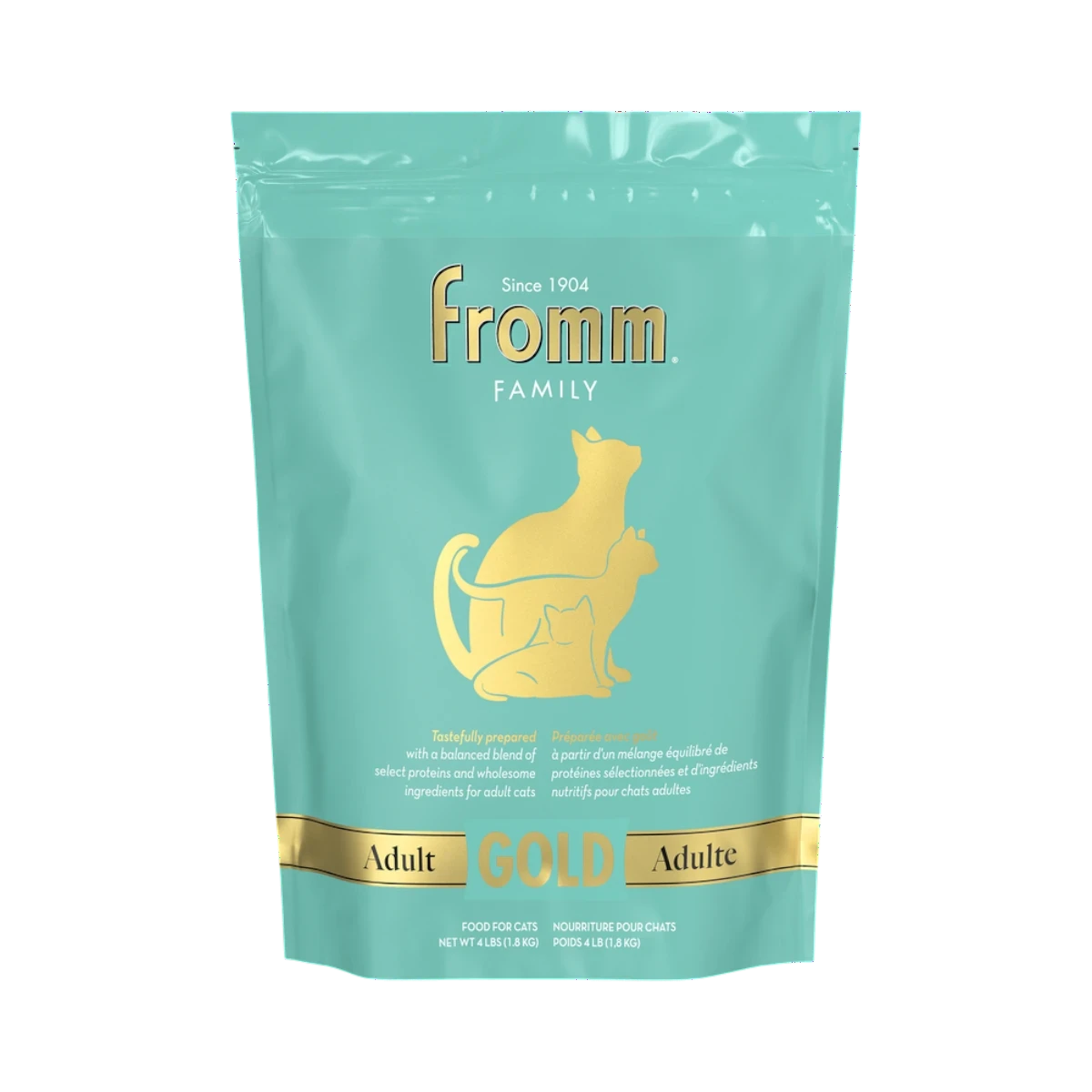 Dog Dish Fromm Gold adult cat dry food in a 4lb teal bag with gold cat illustrations.