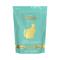 Dog Dish Fromm Gold adult cat dry food in a 4lb teal bag with gold cat illustrations.