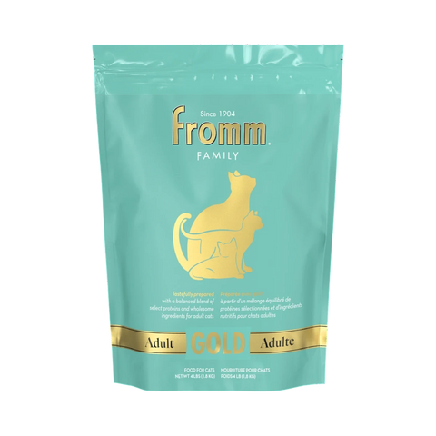 Dog Dish Fromm Gold adult cat dry food in a 4lb teal bag with gold cat illustrations.
