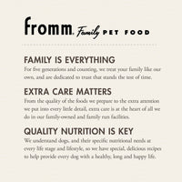 Dog Dish Fromm Gold Puppy food brand philosophy and quality commitment text on a cream background.