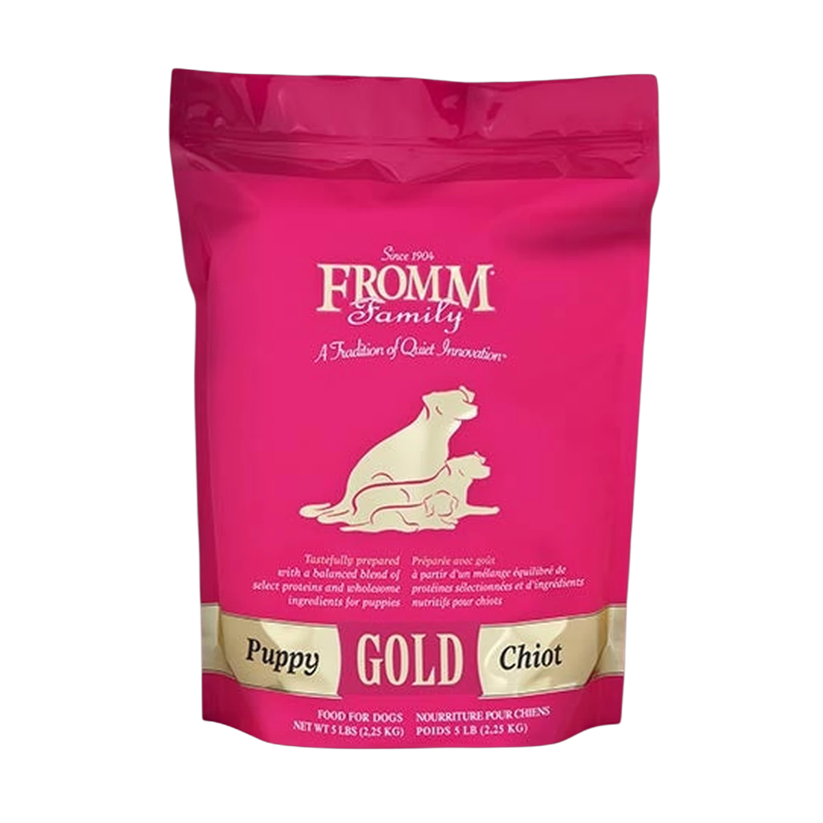 Dog Dish Fromm Gold Puppy dry dog food in a 5lb pink bag with white dog illustrations and nutritional information.