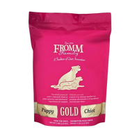 Dog Dish Fromm Gold Puppy dry dog food in a 5lb pink bag with white dog illustrations and nutritional information.