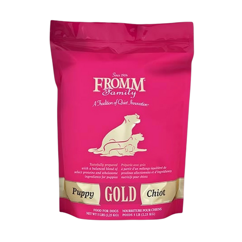Dog Dish Fromm Gold Puppy dry dog food in a 5lb pink bag with white dog illustrations and nutritional information.