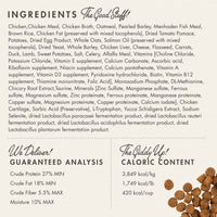 Dog Dish Fromm Gold Puppy dry dog food ingredient list, guaranteed analysis, and nutritional information label.
