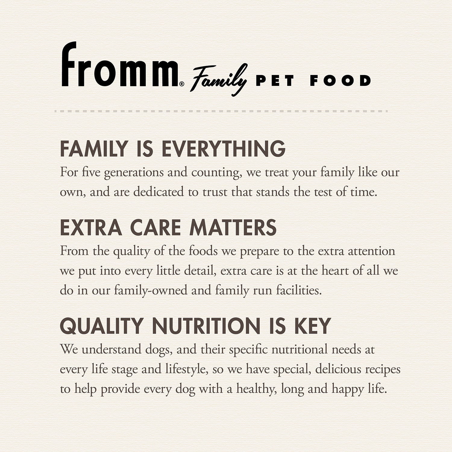 Dog Dish Fromm Gold Senior pet food brand philosophy and quality commitment text on a cream background