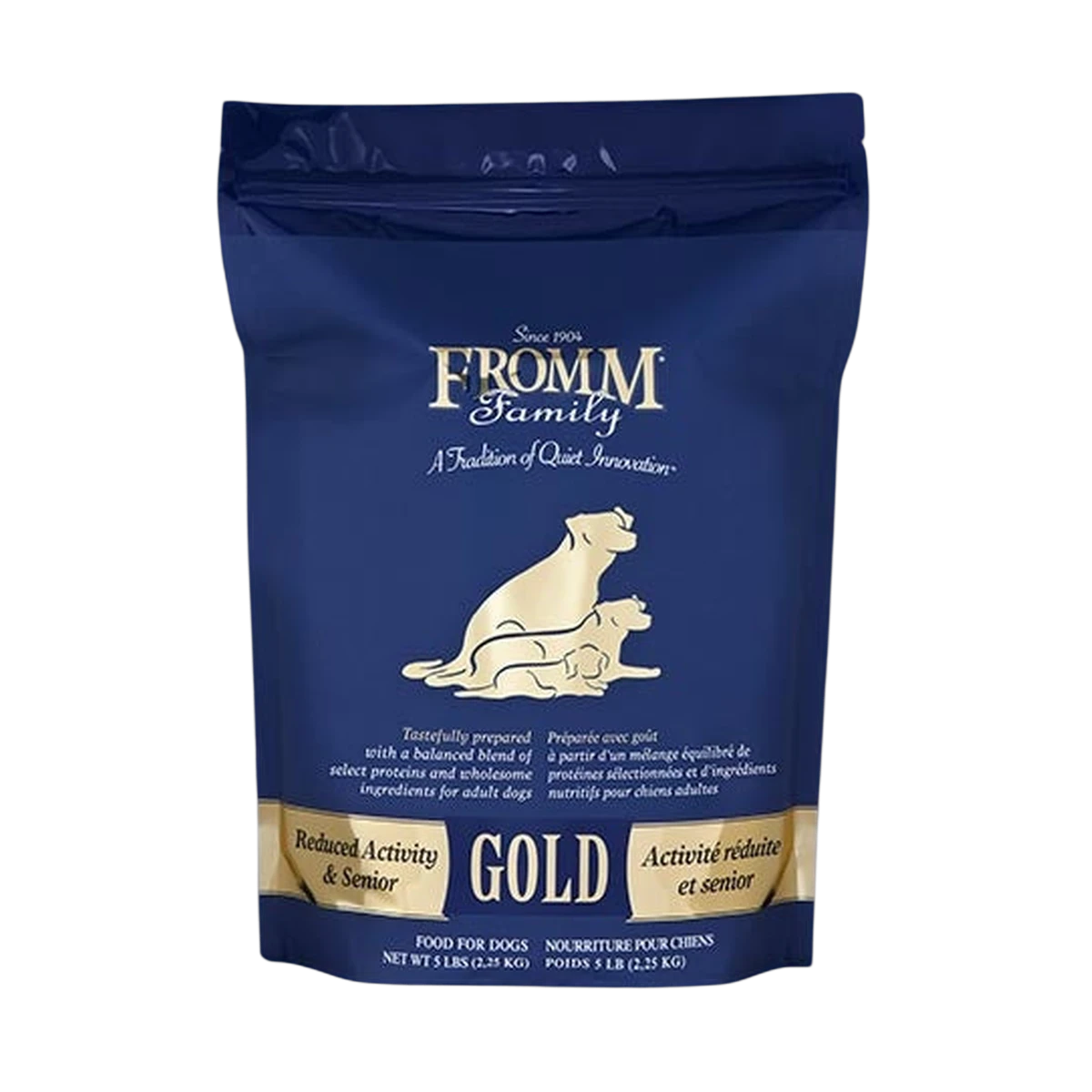 Dog Dish Fromm Gold Senior dry dog food in a 5lb blue bag for less active or older dogs