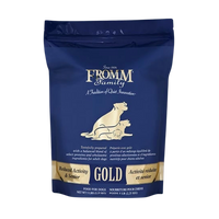 Dog Dish Fromm Gold Senior dry dog food in a 5lb blue bag for less active or older dogs