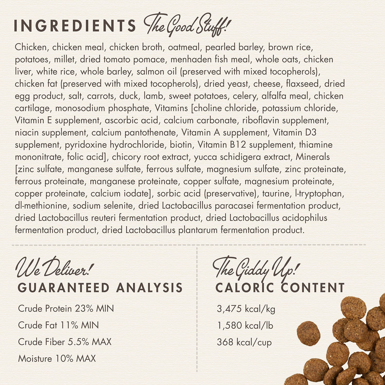 Dog Dish Fromm Gold Senior dog food ingredient list and guaranteed analysis label with kibble texture