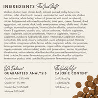 Dog Dish Fromm Gold Senior dog food ingredient list and guaranteed analysis label with kibble texture