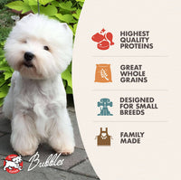 Dog Dish Fromm Gold Small Breed dog food features a Westie and nutritional benefits icons for petite dogs.