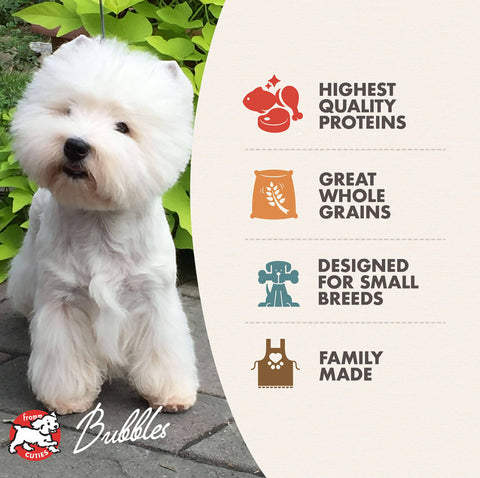 Dog Dish Fromm Gold Small Breed dog food features a Westie and nutritional benefits icons for petite dogs.