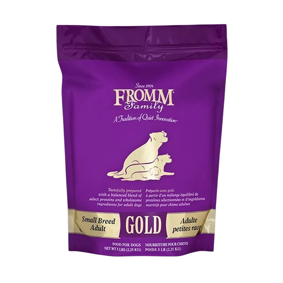 Dog Dish Fromm Gold Small Breed adult dog food in a 5lb purple bag with premium protein and probiotic ingredients.