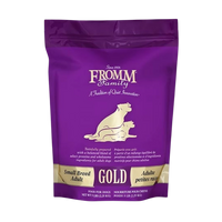 Dog Dish Fromm Gold Small Breed adult dog food in a 5lb purple bag with premium protein and probiotic ingredients.