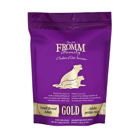 Dog Dish Fromm Gold Small Breed adult dog food in a 5lb purple bag with premium protein and probiotic ingredients.