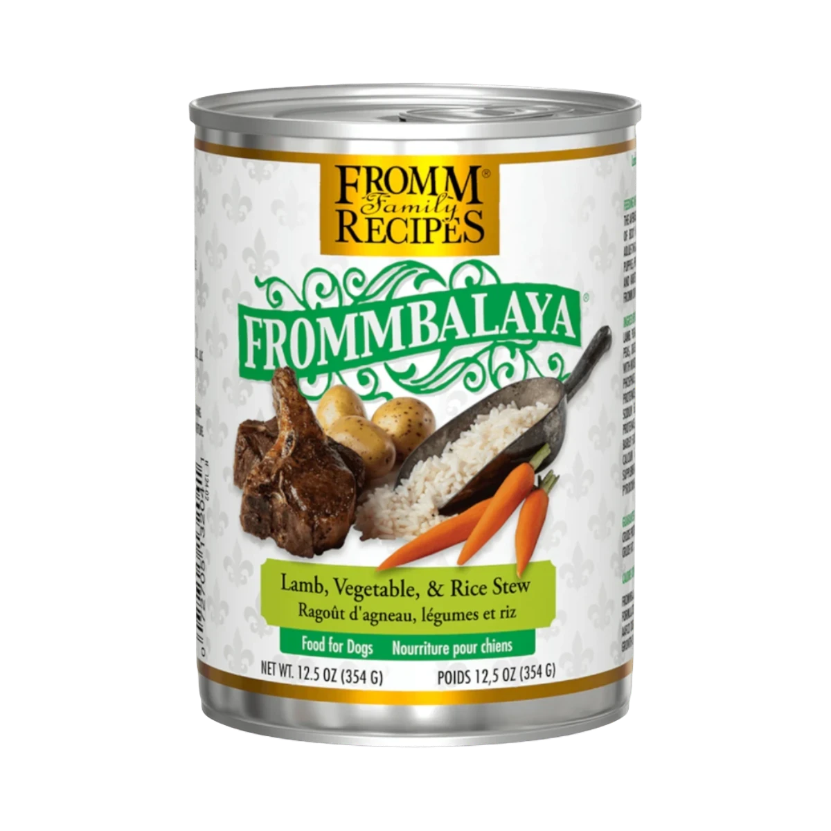 Dog Dish Fromm Frommbalaya lamb, vegetable, and rice stew for dogs in a 12.5oz can with premium ingredient imagery.
