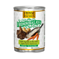 Dog Dish Fromm Frommbalaya lamb, vegetable, and rice stew for dogs in a 12.5oz can with premium ingredient imagery.