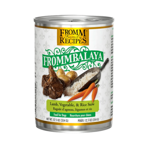 Dog Dish Fromm Frommbalaya lamb, vegetable, and rice stew for dogs in a 12.5oz can with premium ingredient imagery.