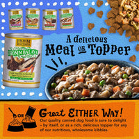 Dog Dish Fromm Frommbalaya lamb vegetable and rice stew canned dog food with serving bowl and ingredients