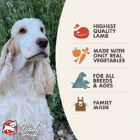Dog Dish Fromm lamb stew dog food features a white spaniel and nutritional benefits list on a cream background.