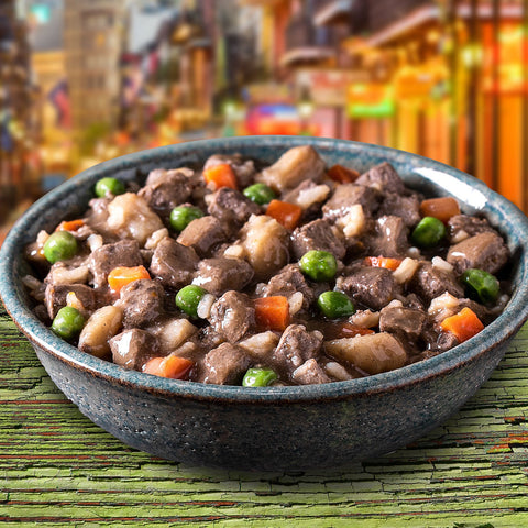 Dog Dish Fromm lamb stew with chunks of meat, carrots, peas, and potatoes in a rustic bowl on a wooden surface.