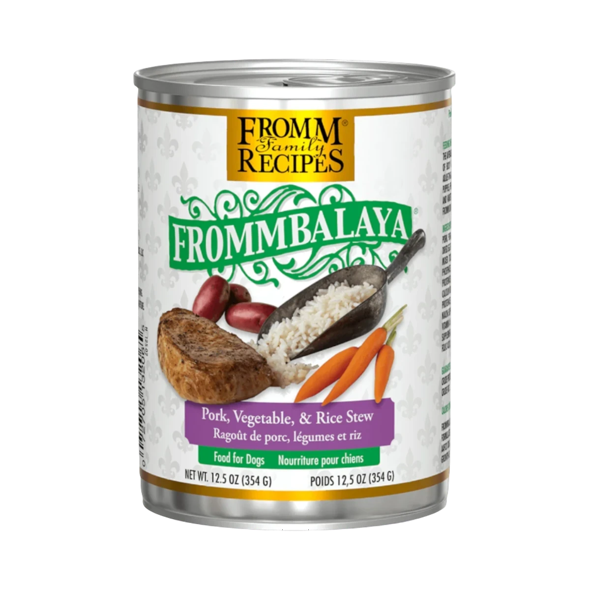 Dog Dish Fromm Frommbalaya pork, vegetable, and rice stew for dogs in a 12.5oz can