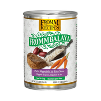 Dog Dish Fromm Frommbalaya pork, vegetable, and rice stew for dogs in a 12.5oz can