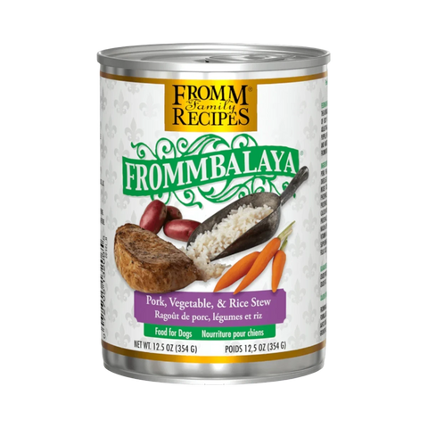 Dog Dish Fromm Frommbalaya pork, vegetable, and rice stew for dogs in a 12.5oz can