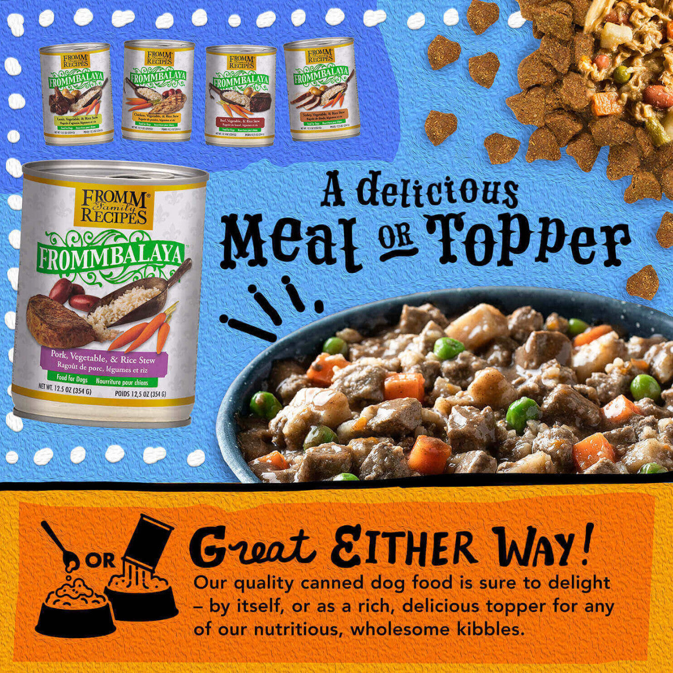 Dog Dish Fromm Frommbalaya pork stew canned dog food with vegetables and rice shown as a meal or kibble topper