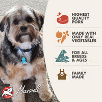 Dog Dish Fromm pork stew for dogs featuring a cute dog and icons highlighting premium ingredients and family recipe.